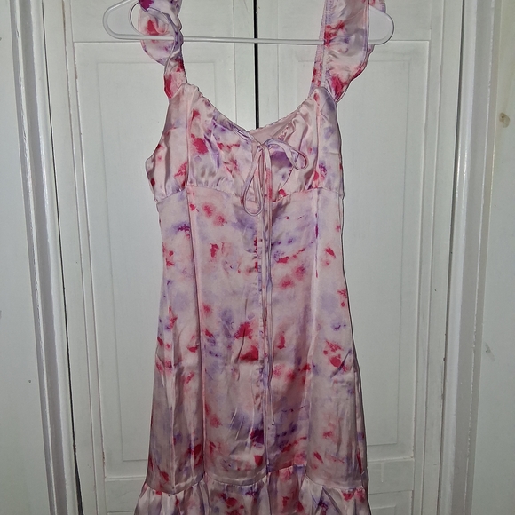 Emily Wonder Soft Pink Floral Tie-Dye Ruffle Strap Mini Dress - Picture 11 of 15